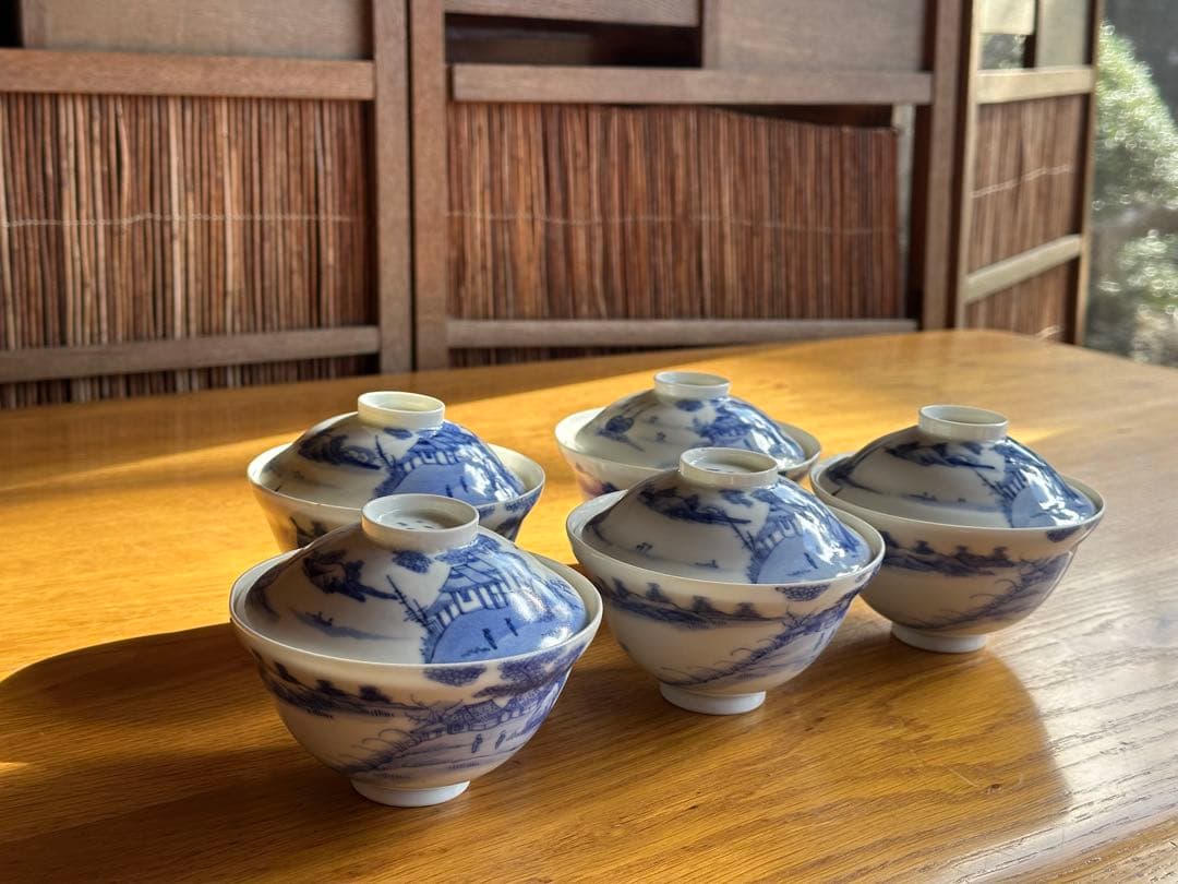 【超珍品】透ける薄さ！古伊万里　卵殻手　染付山水人物紋　蓋物　5客セット有田焼