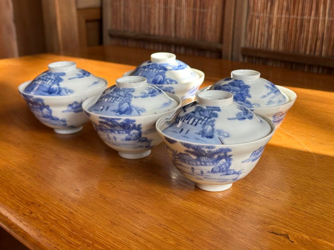 【超珍品】透ける薄さ！古伊万里　卵殻手　染付山水人物紋　蓋物　5客セット有田焼