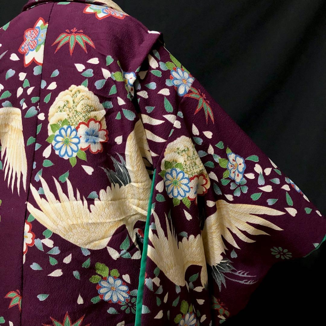 七五三 5歳　男の子　紫　鶴　花　羽織　着物　袴　セット　男児　五歳　５歳