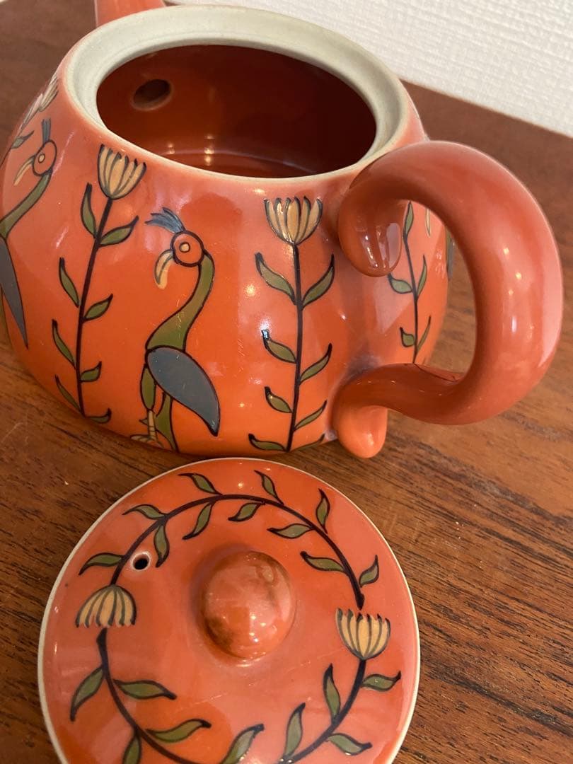 【入手困難／南米民藝】ペルー古陶 鳥文様ティーポット｜ヴィンテージ・オレンジ釉｜