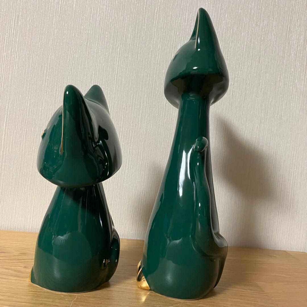 陶器製　猫　ネコ　ペア　グリーン　置物