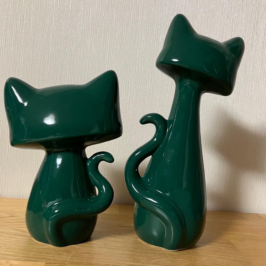 陶器製　猫　ネコ　ペア　グリーン　置物