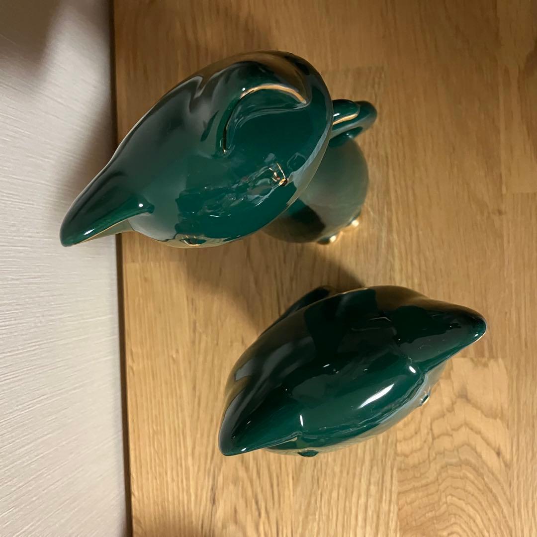 陶器製　猫　ネコ　ペア　グリーン　置物