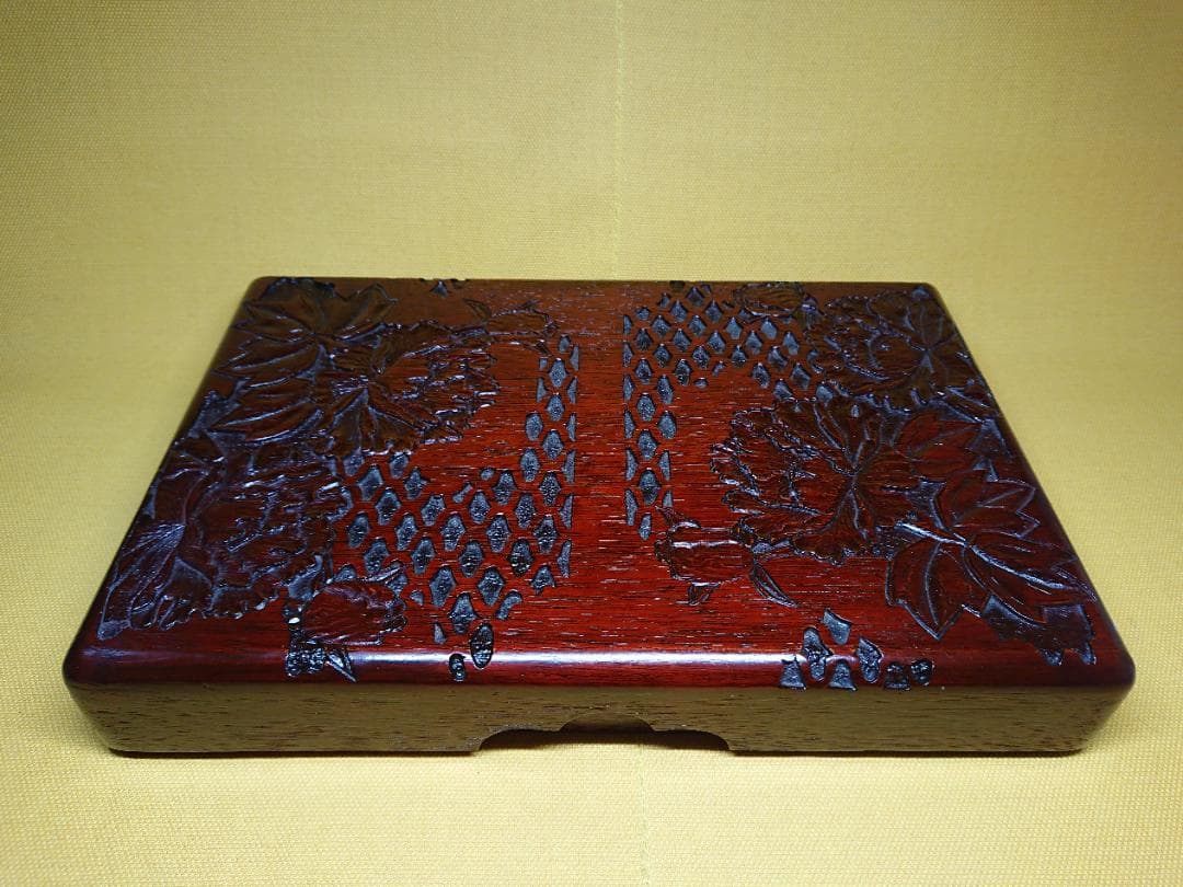 木彫　文箱　小物入れ　牡丹　木製　置物　インテリア　工芸品　美術品　A1466