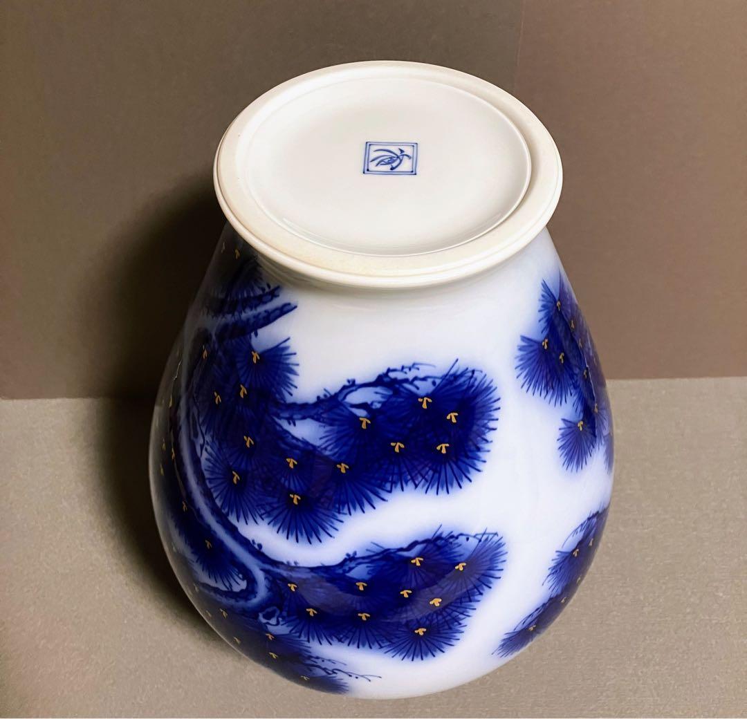 香蘭社 染錦模様 老松紋 花瓶 瑠璃色 金彩 - メルカリ