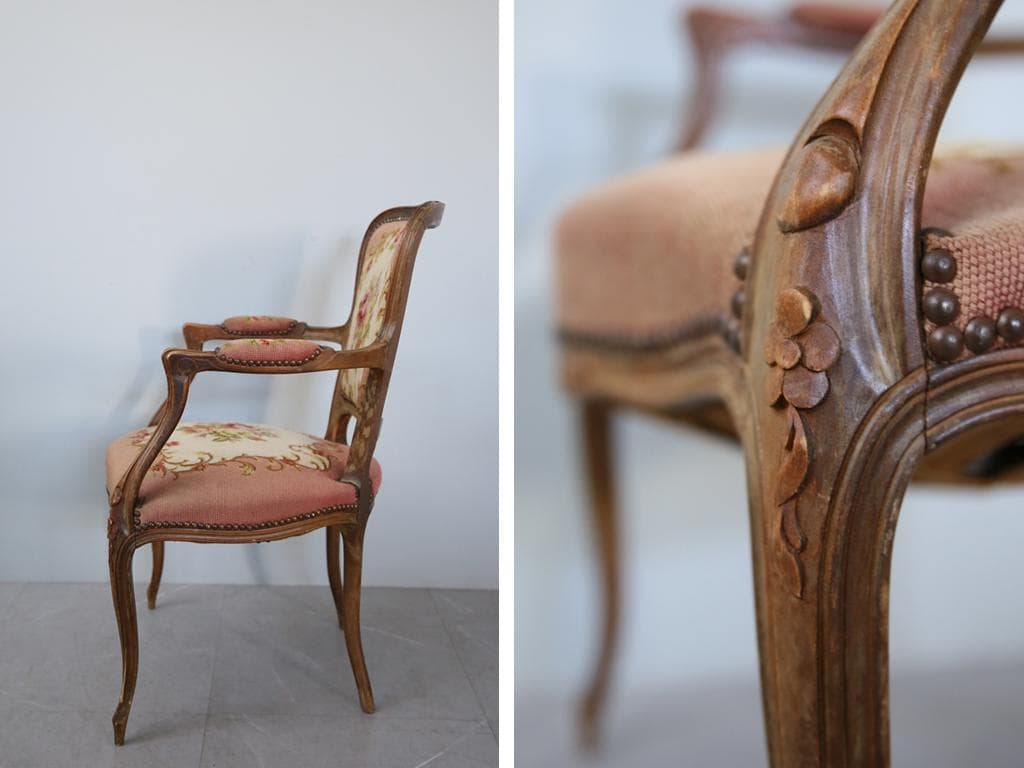 フランスアンティーク猫脚サロンチェア/木製肘掛けイス/アームソファ(89-46)