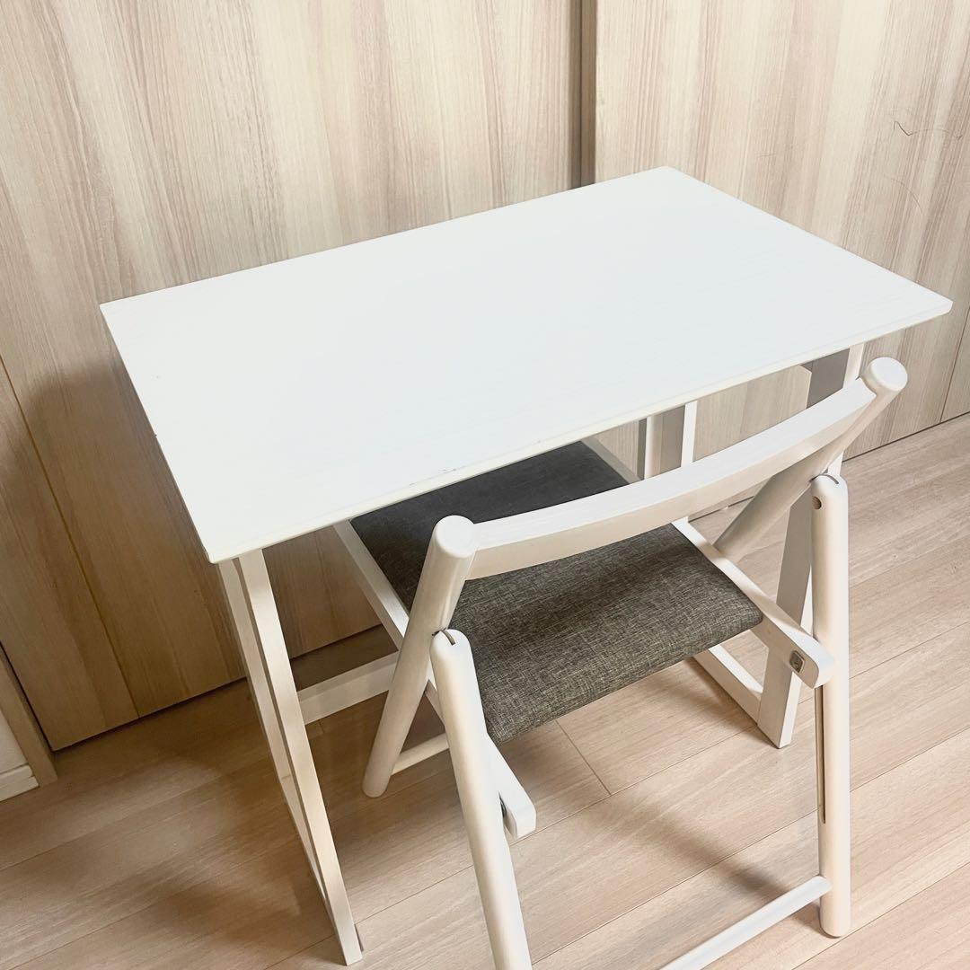 【美品】デスク チェア セット 折り畳み可能 フォールディング ホワイト 木製