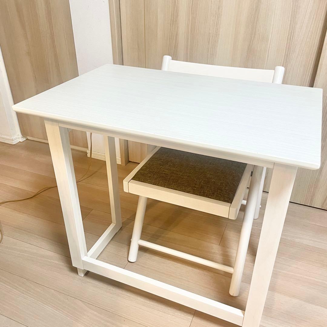 【美品】デスク チェア セット 折り畳み可能 フォールディング ホワイト 木製