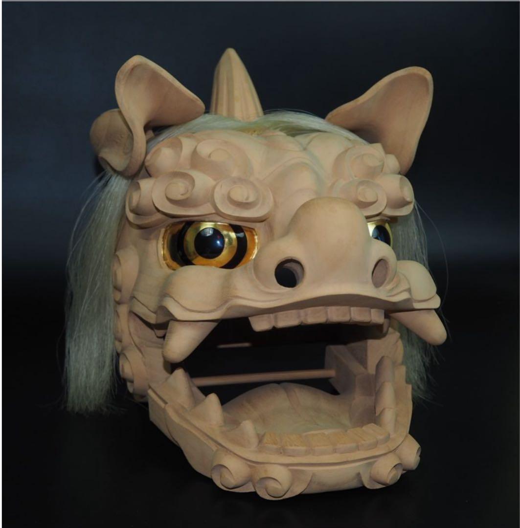 送料無料　富山県無形文化財　横山一夢作　木彫獅子頭　共箱共布作歴付　日展彫刻家