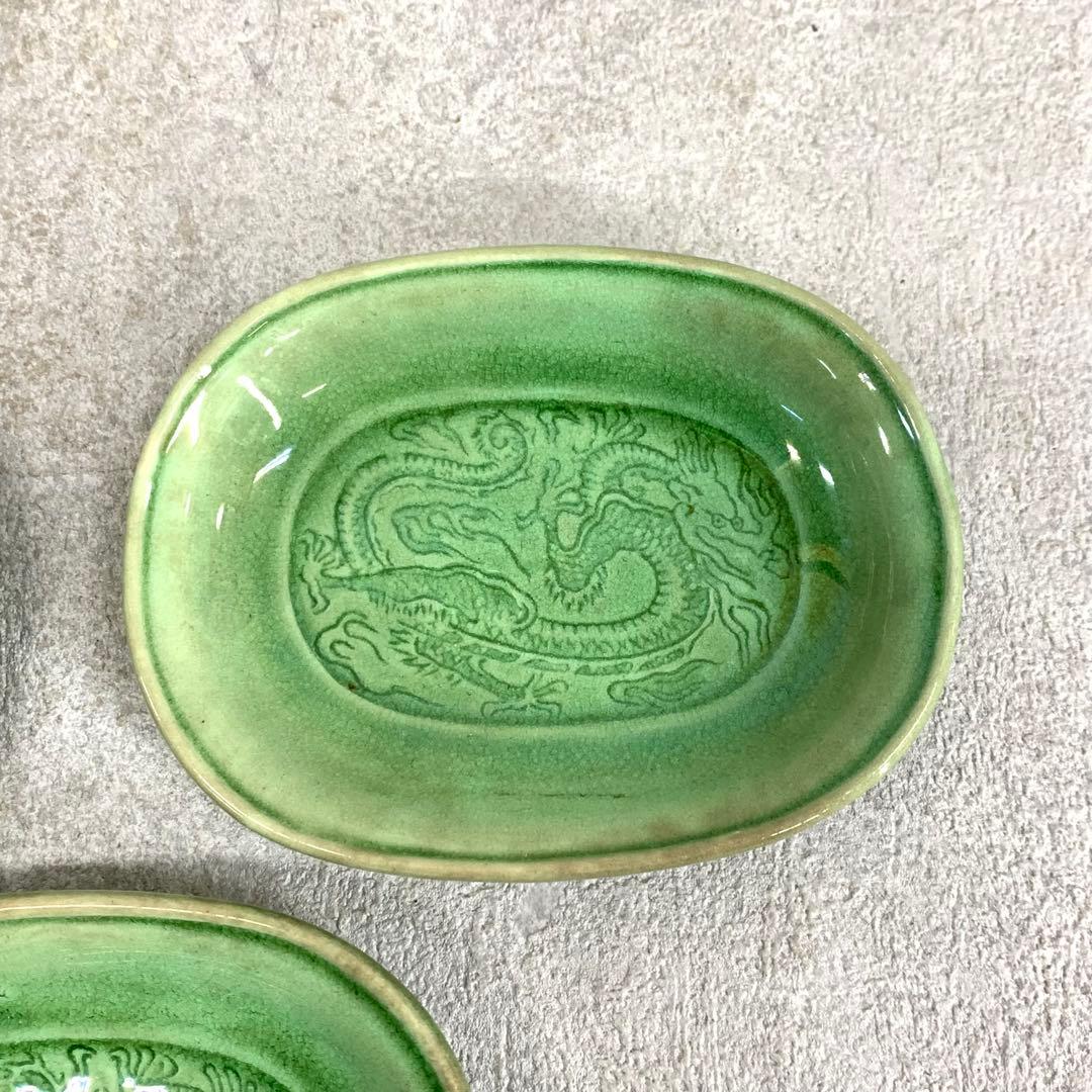 小皿5点 珉平焼 小判型 龍 淡路 人気 タイルグリーン 古皿 手塩皿 緑 翠