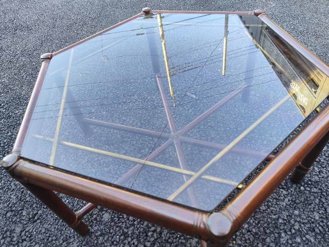 【関東限定】マルニ木工 六角形ガラステーブル 竹風 ヴィンテージセンターテーブル