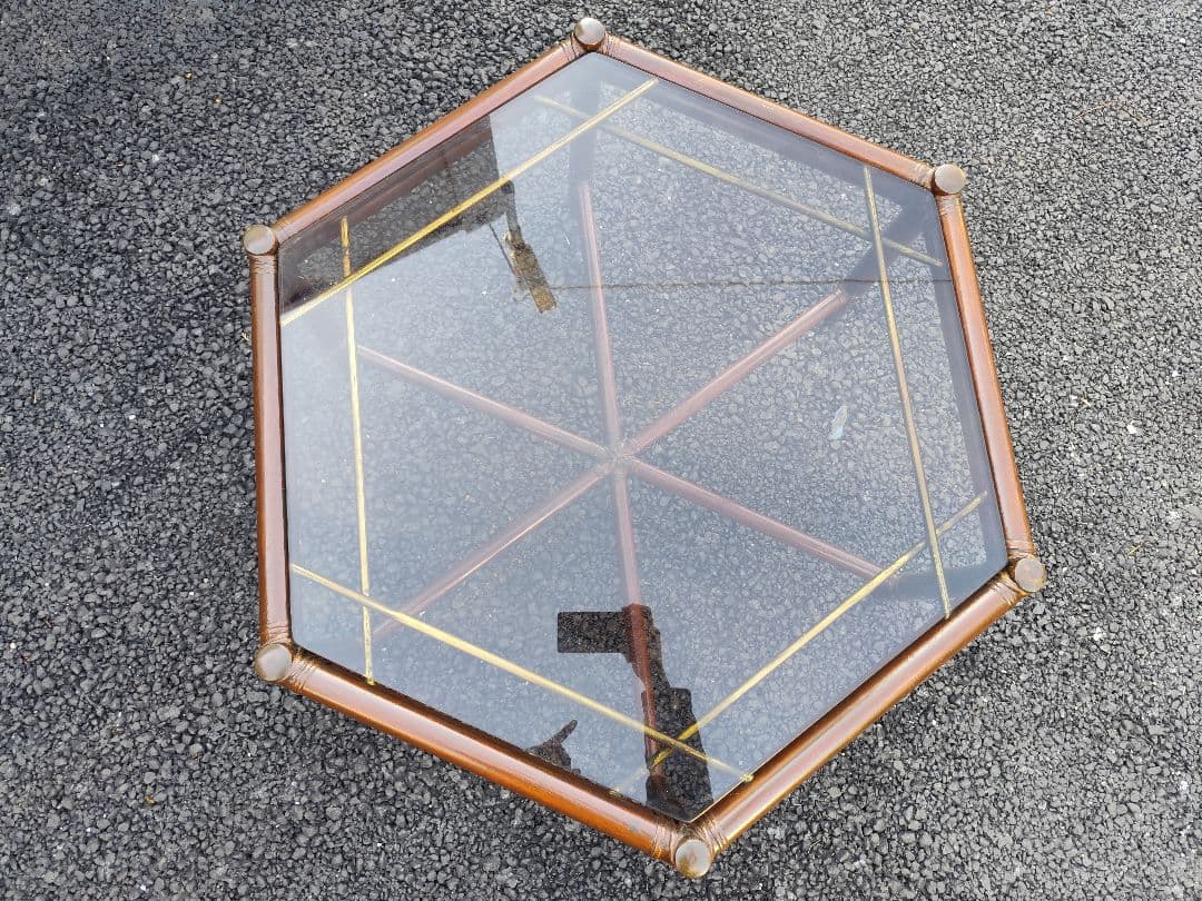 【関東限定】マルニ木工 六角形ガラステーブル 竹風 ヴィンテージセンターテーブル