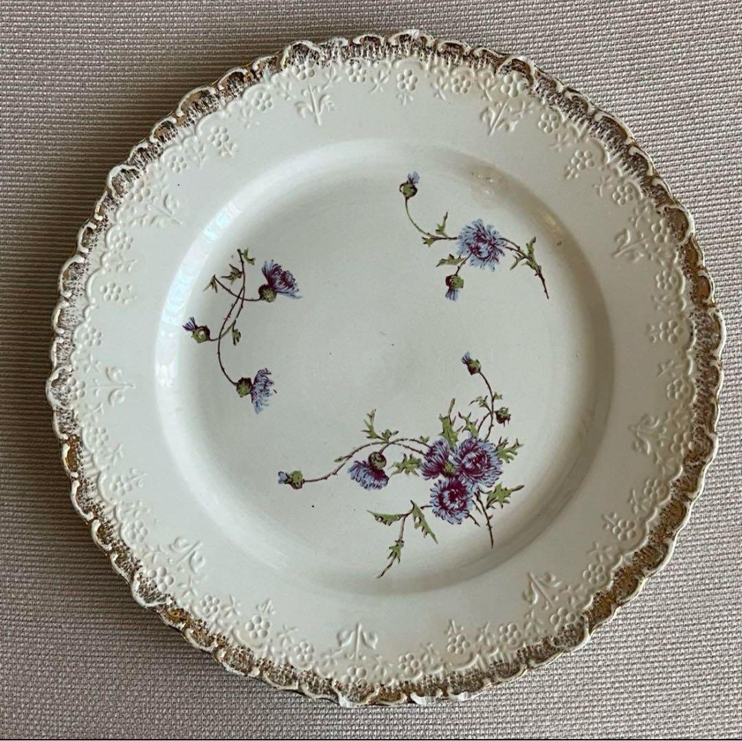 bbw01 フランス クレイユエモントロー プレート 金彩 青アザミ 5枚