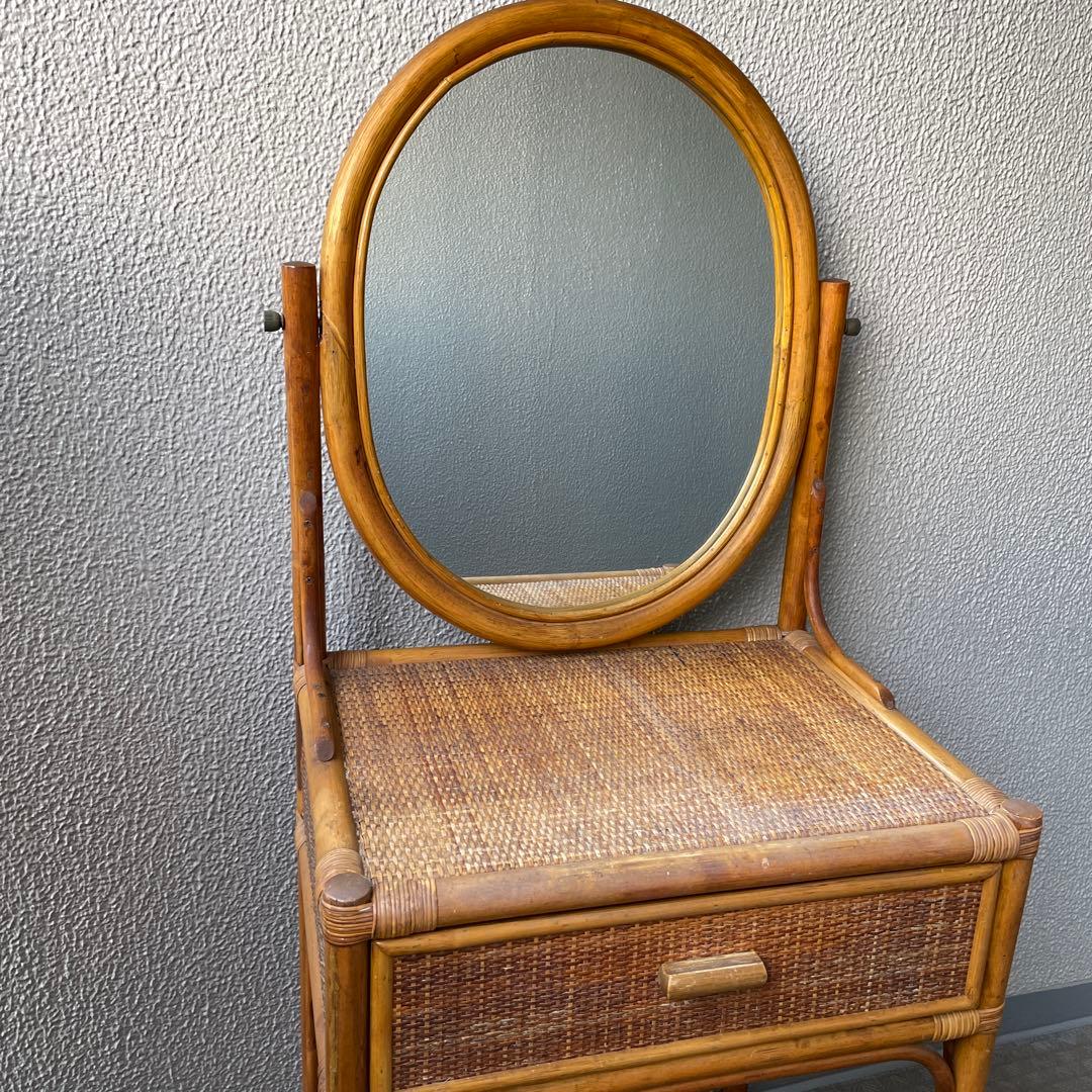 #昭和レトロ　ラタン ドレッサー　鏡台 引き出し付き　アーチ型ミラー　ビンテージ