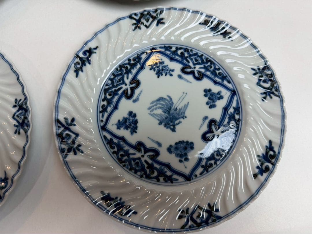 九谷　山本長左作 染付　鳳凰文和皿　4客入　禾使用、共箱、陶歷付