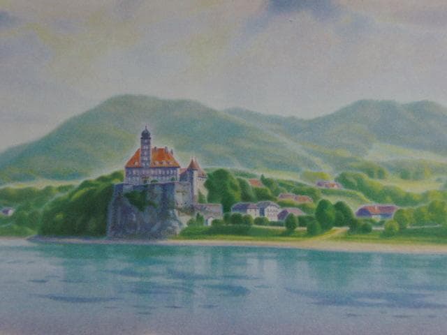 五十嵐二朗、【ドナウ川の古城】、希少な大判額装用画集より、美品