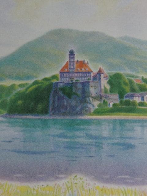 五十嵐二朗、【ドナウ川の古城】、希少な大判額装用画集より、美品