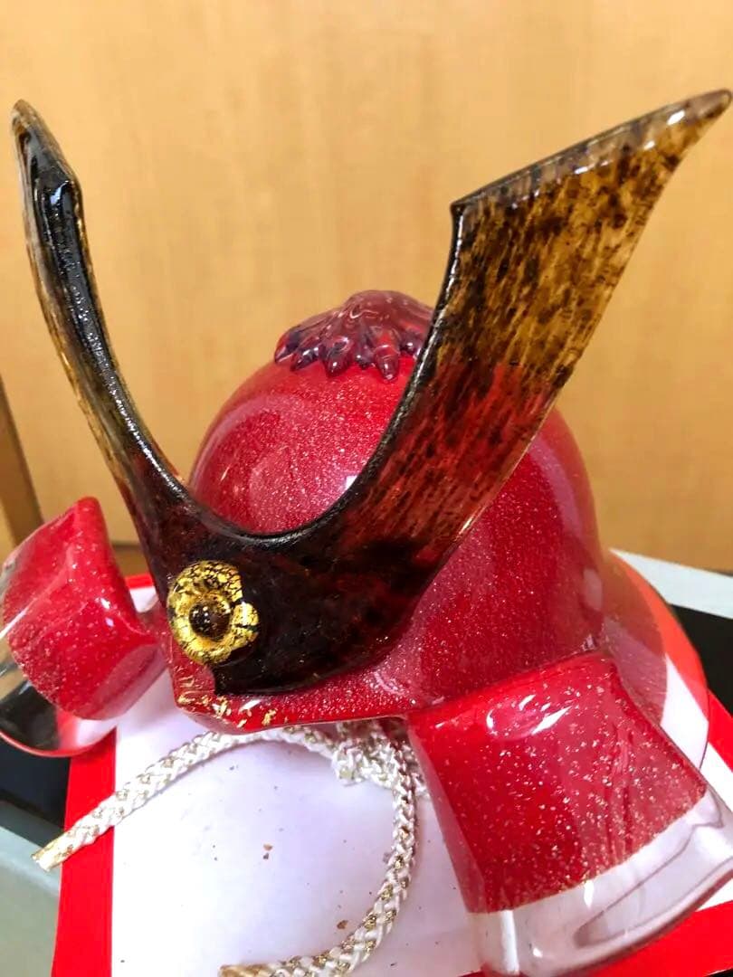 【美品】博多ビードロ粋工房 ガラス製 兜 五月人形 こどもの日 赤 レッド