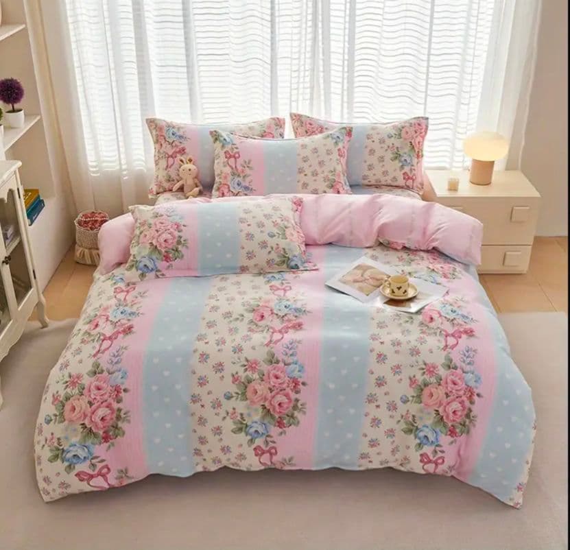 新品★薔薇ブーケと小花ストライプ綿100%シングル掛け布団カバー枕カバーセット