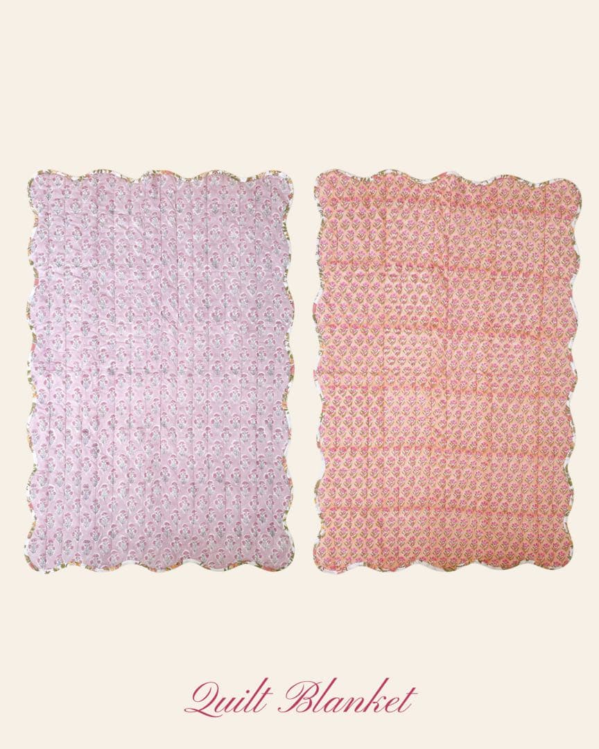 ブロックプリント　うねうねキルトブランケット　ペールオレンジ×ペールパープル