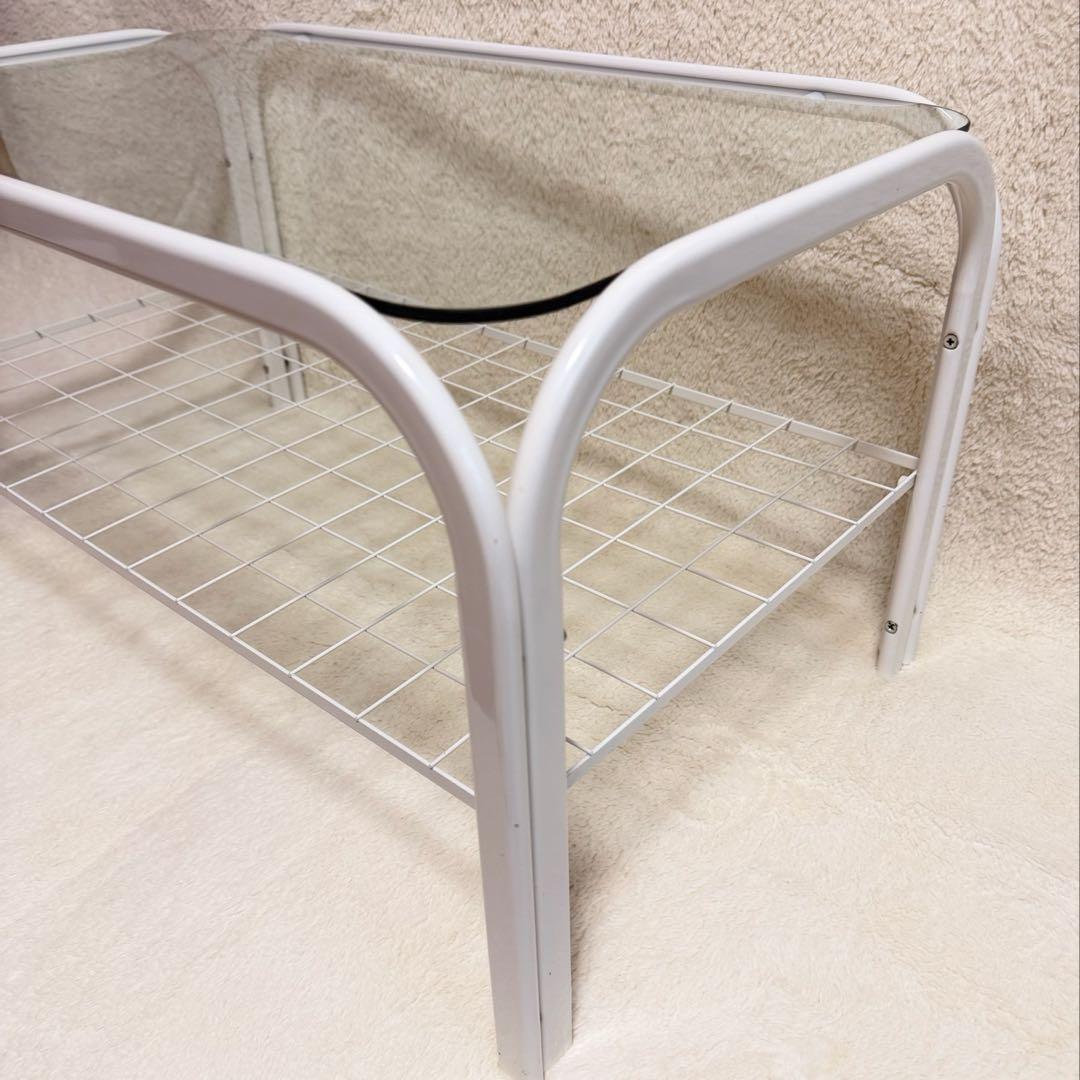 美品 アイアンフレーム 白 ローテーブル ガラス天板 昭和レトロ モダン