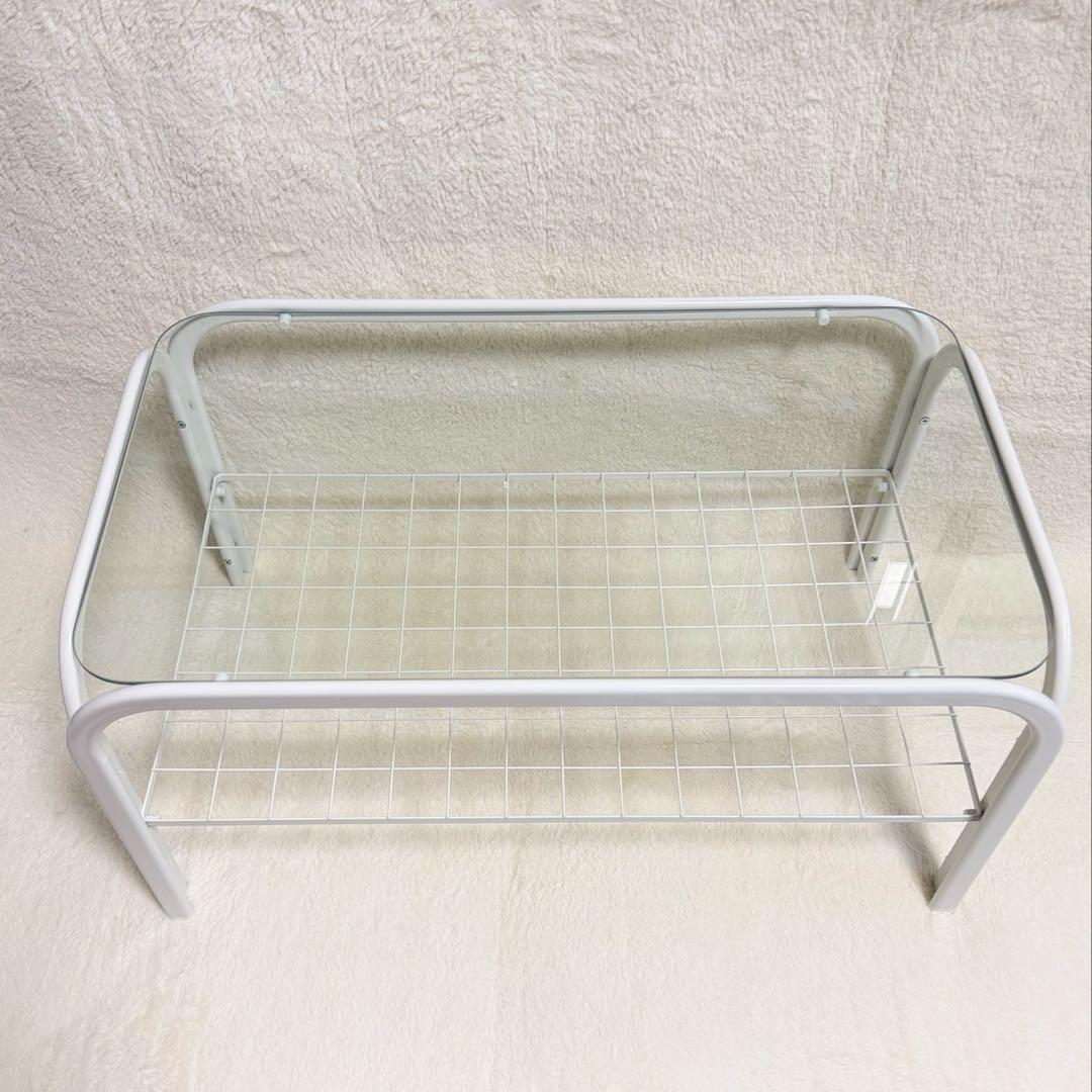 美品 アイアンフレーム 白 ローテーブル ガラス天板 昭和レトロ モダン