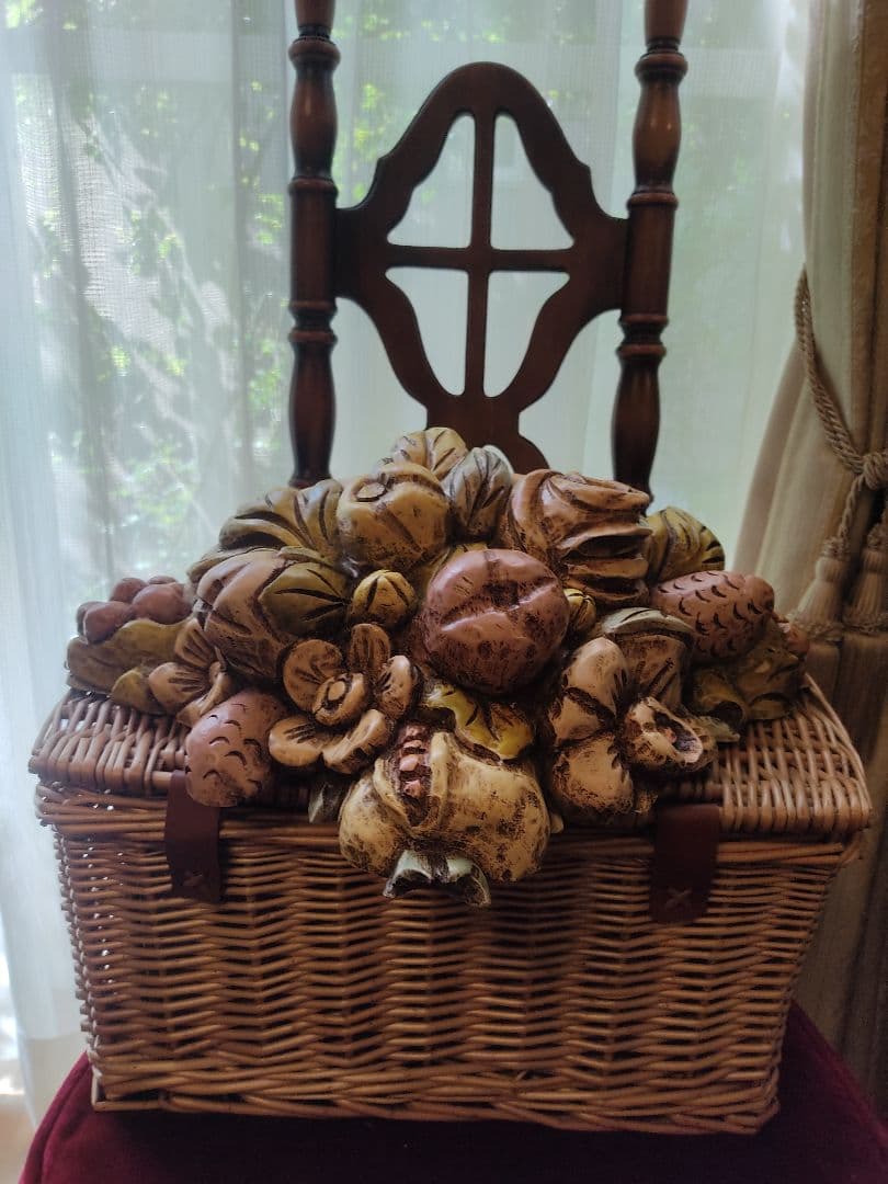 木製看板　木製　花籠　バスケット　籠　バーボラミラー 彫刻 壁掛け 果物 レア