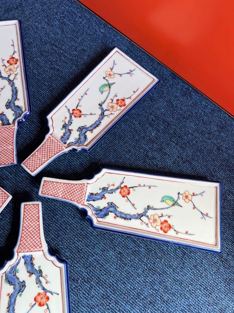 1069 　幸楽窯　有田焼　伊万里  色絵 梅にうぐいす 羽子板　6客