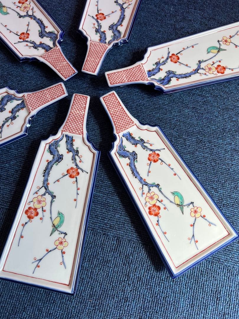 1069 　幸楽窯　有田焼　伊万里  色絵 梅にうぐいす 羽子板　6客