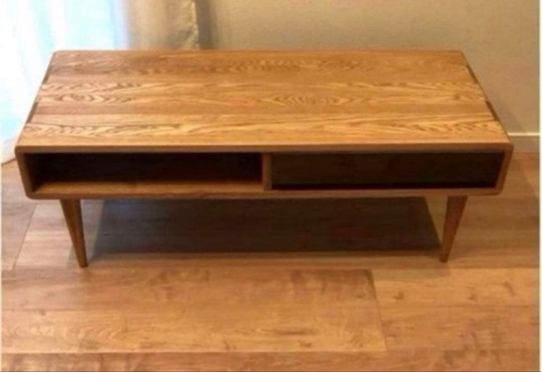 タモ無垢　木製　センターテーブル 引き出し付き