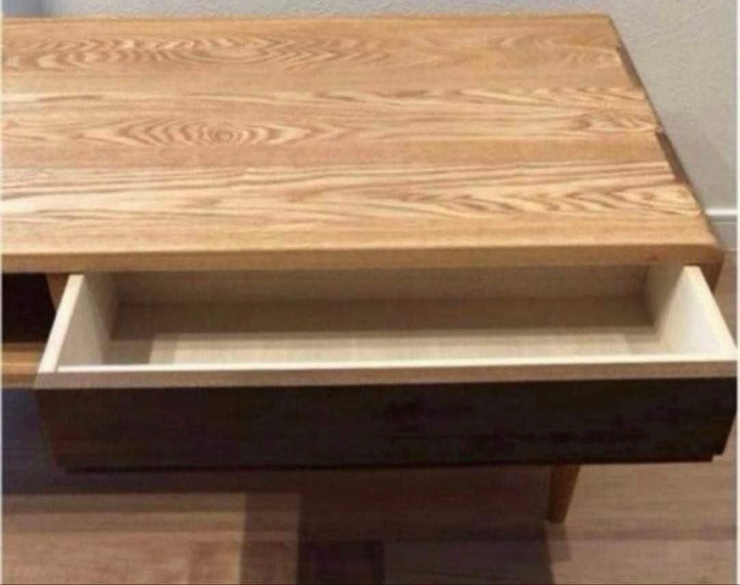 タモ無垢　木製　センターテーブル 引き出し付き