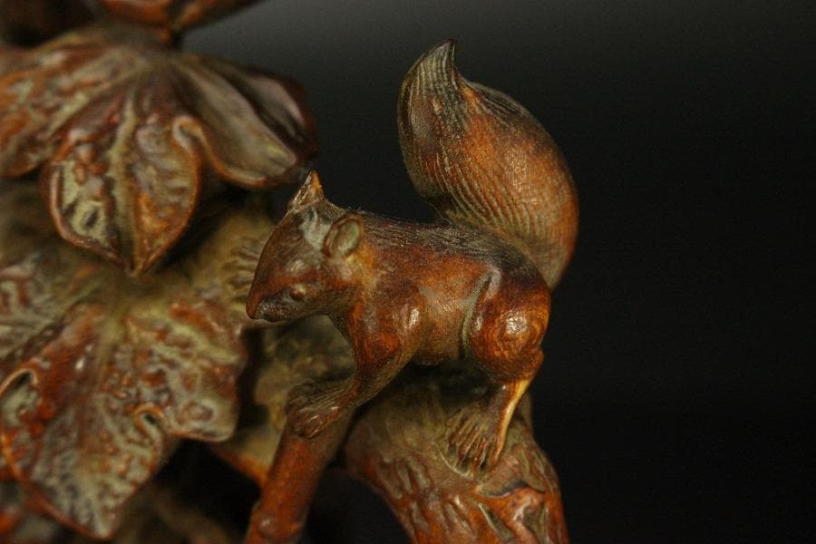中国美術 高揚木 刻 葡萄栗鼠 置物 高7.7cm(HA383)