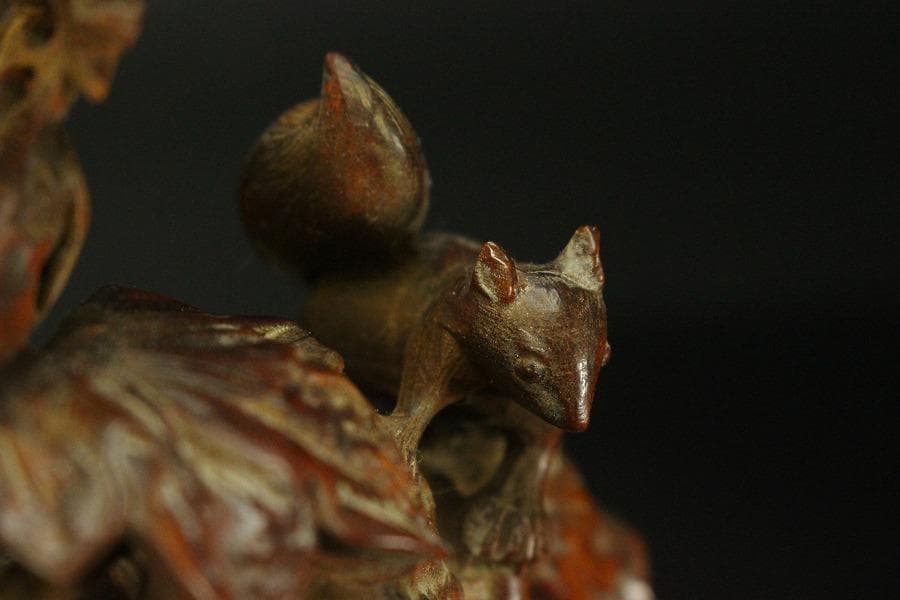 中国美術 高揚木 刻 葡萄栗鼠 置物 高7.7cm(HA383)