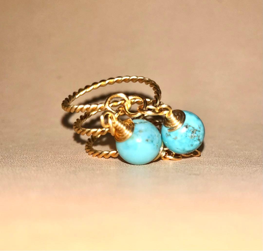 NEW DESIGN ハンドメイドのWターコイズリング8mm〜2本縒りK18GP