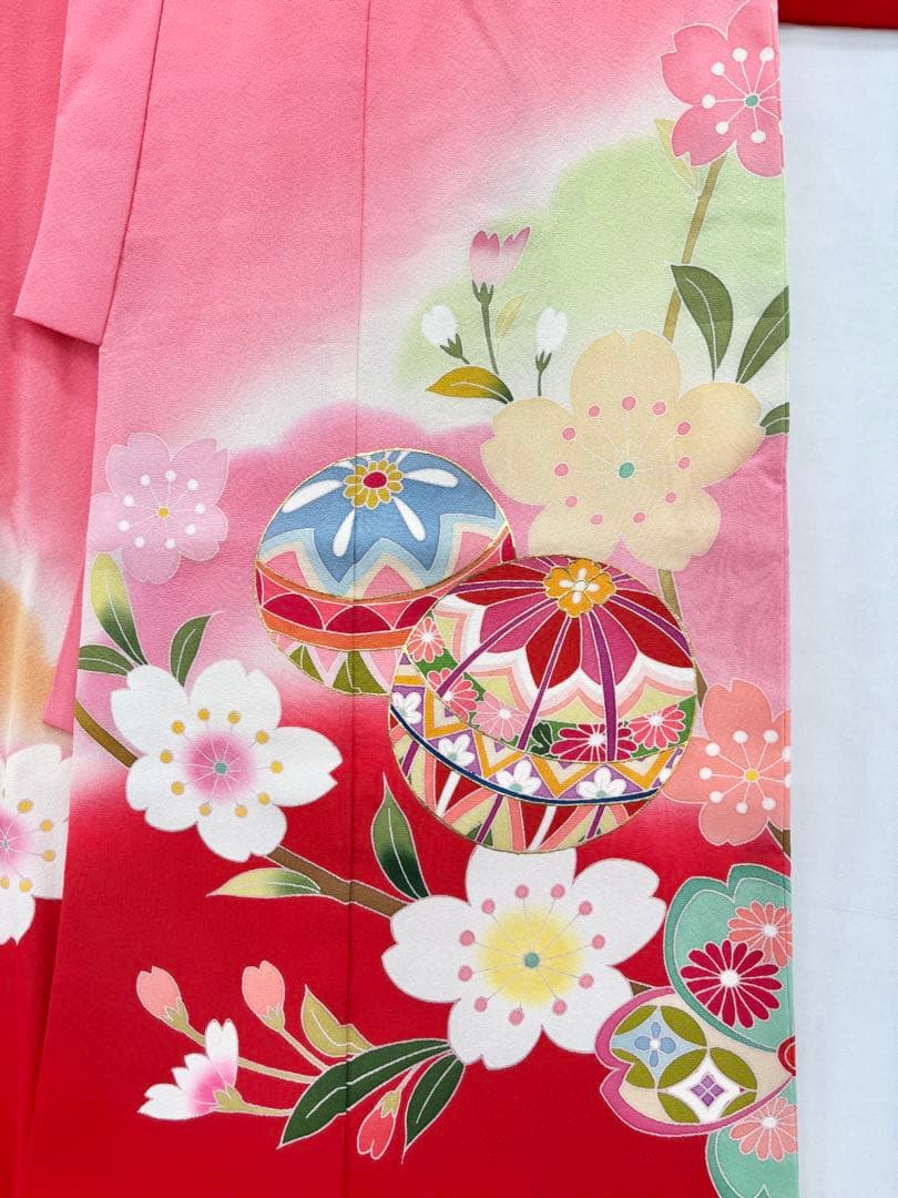 七五三着物　7才　女児　四つ身　まり・桜／ピンク系《子供491》#江戸小もーん