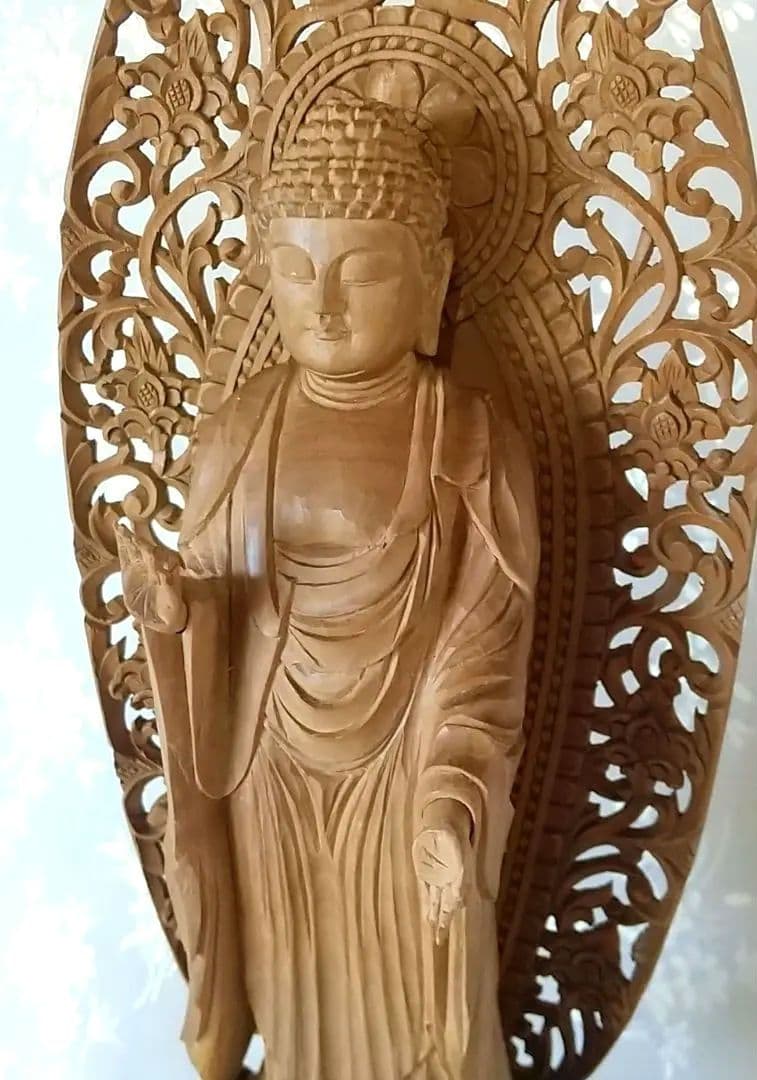 阿弥陀如来立像 4.5寸#570+#576 像は◆白檀 木彫 仏像