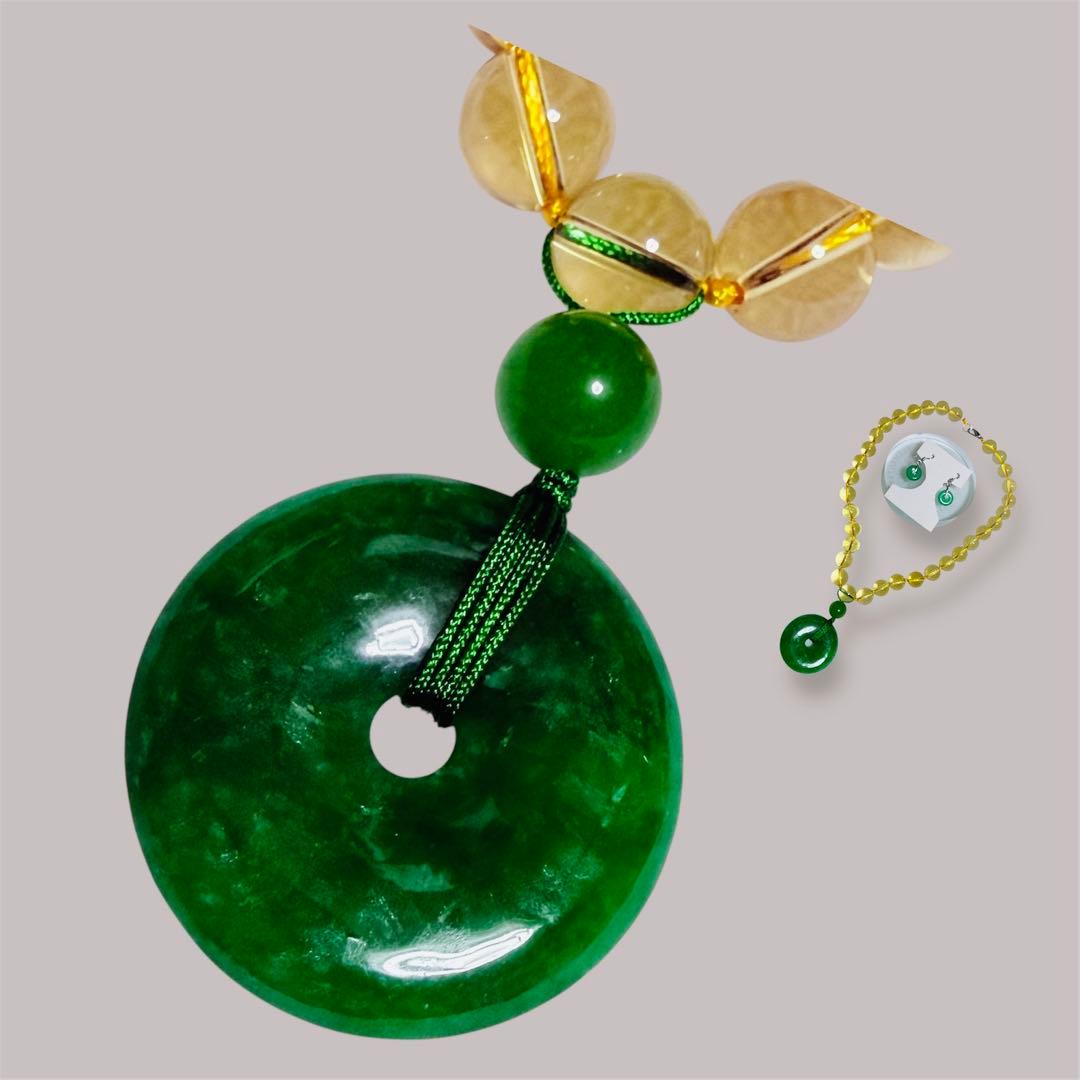 黄色のシトリンのネックレスと緑の翡翠の幸運ののペンダント,イヤリングセット