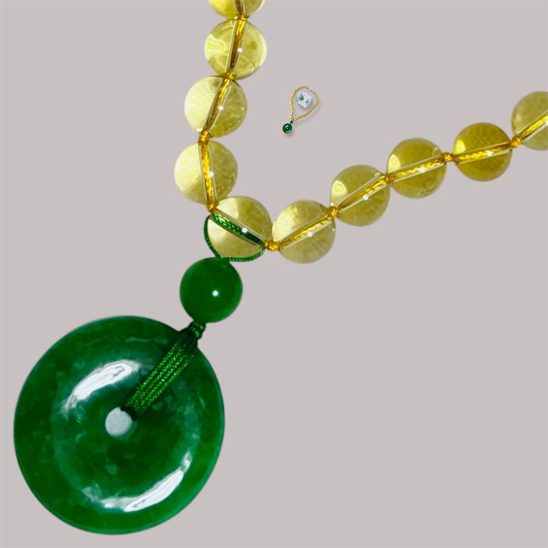 黄色のシトリンのネックレスと緑の翡翠の幸運ののペンダント,イヤリングセット