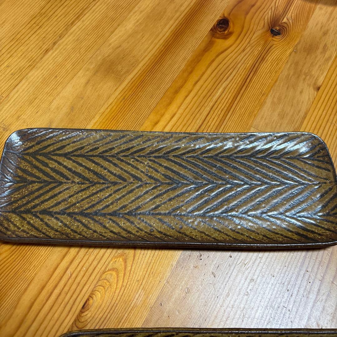 新品　城進　鉄絵　ヘリンボーン柄　長皿　2枚セット