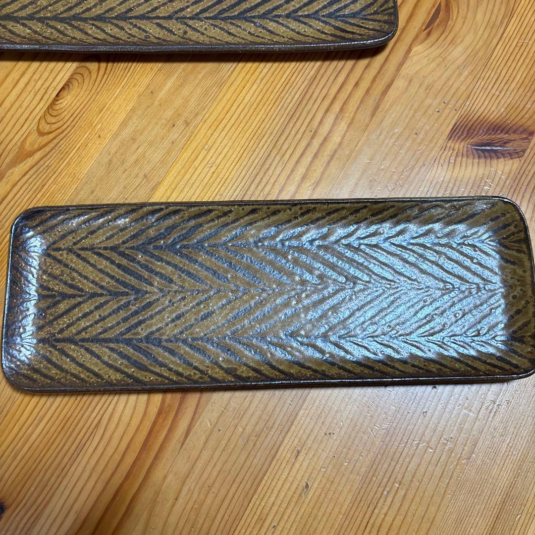 新品　城進　鉄絵　ヘリンボーン柄　長皿　2枚セット