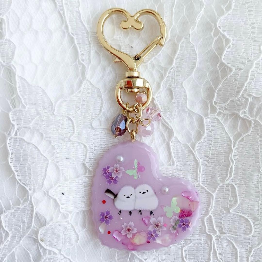 3353】2羽の仲良しシマエナガ ヘアゴム シェル入りピンクハート 桜