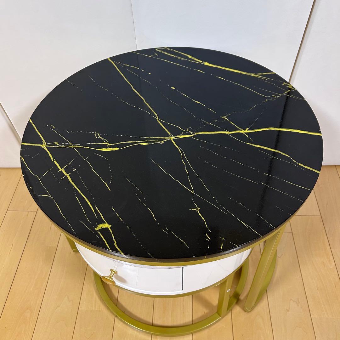 ネストテーブル サイドテーブル ナイトテーブル　丸 引出付き 収納　大理石調