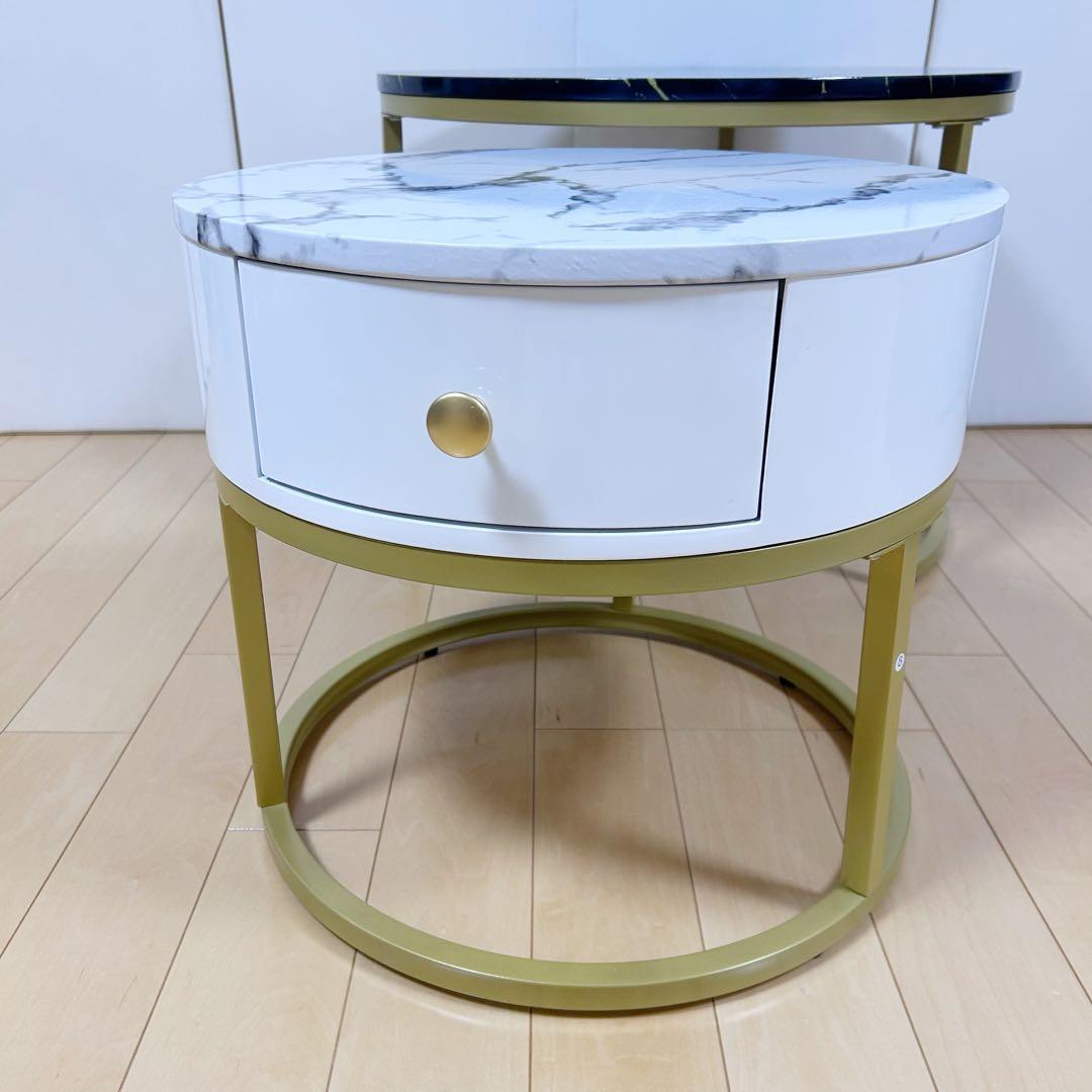 ネストテーブル サイドテーブル ナイトテーブル　丸 引出付き 収納　大理石調