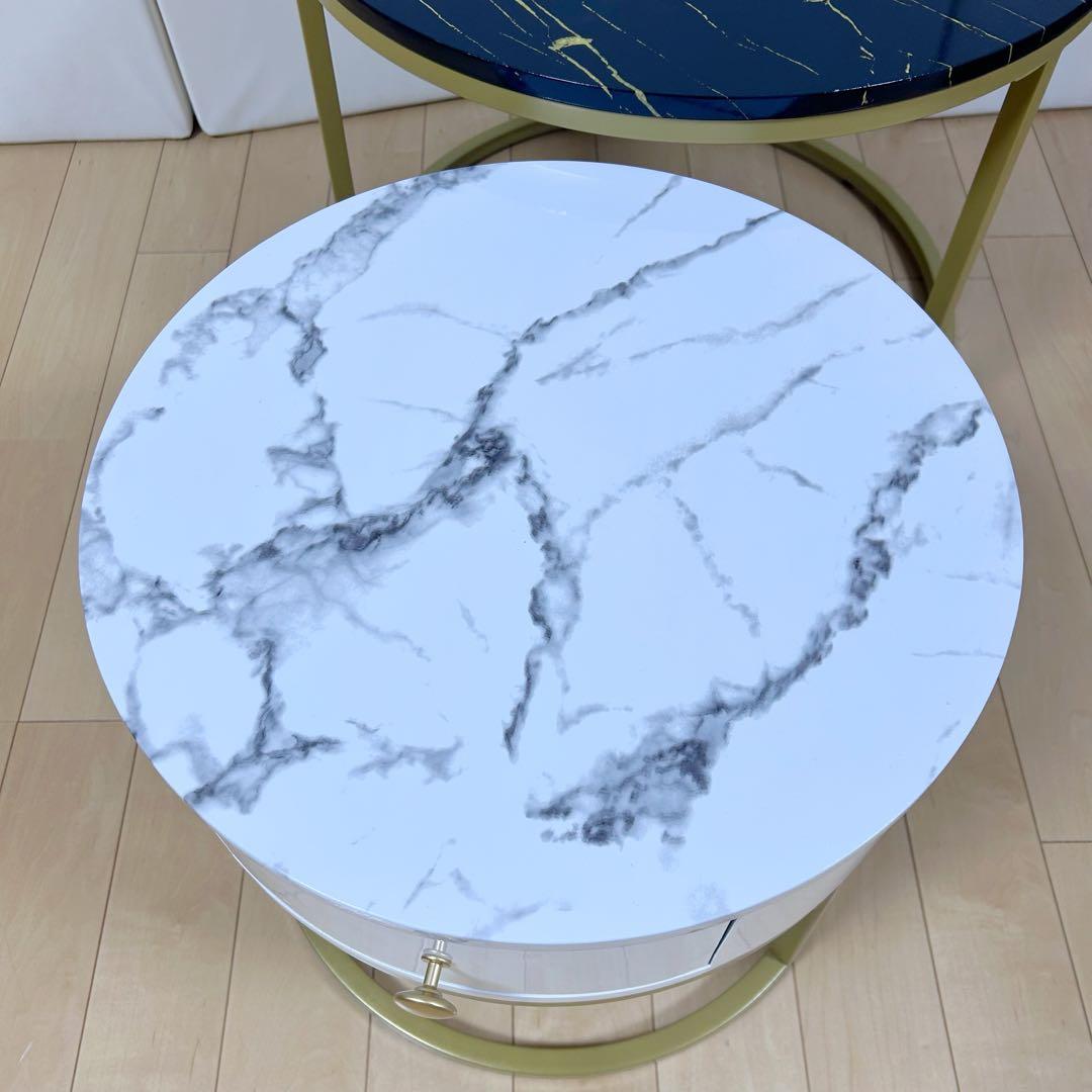 ネストテーブル サイドテーブル ナイトテーブル　丸 引出付き 収納　大理石調