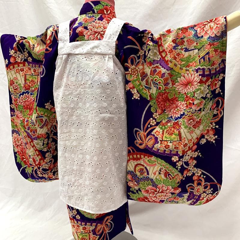 509ag41□七五三 三歳 アンティーク 女児 着物&被布 総柄 扇 花文□