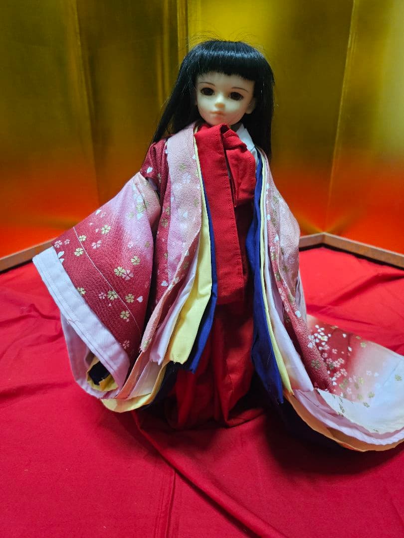 朝海様】平安十二単 赤グラデーション表着 紺青海波と兎模様の唐衣