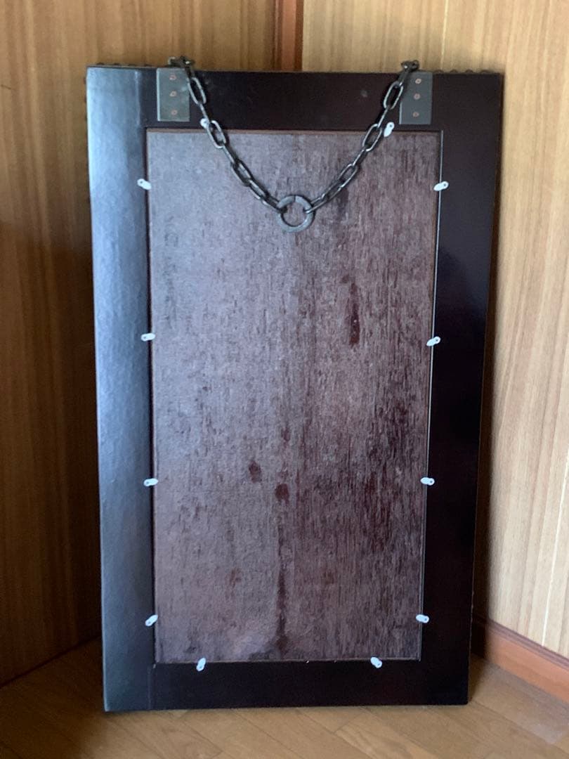 民芸品　大型壁掛け鏡 チェーン付き　ダークブラウン