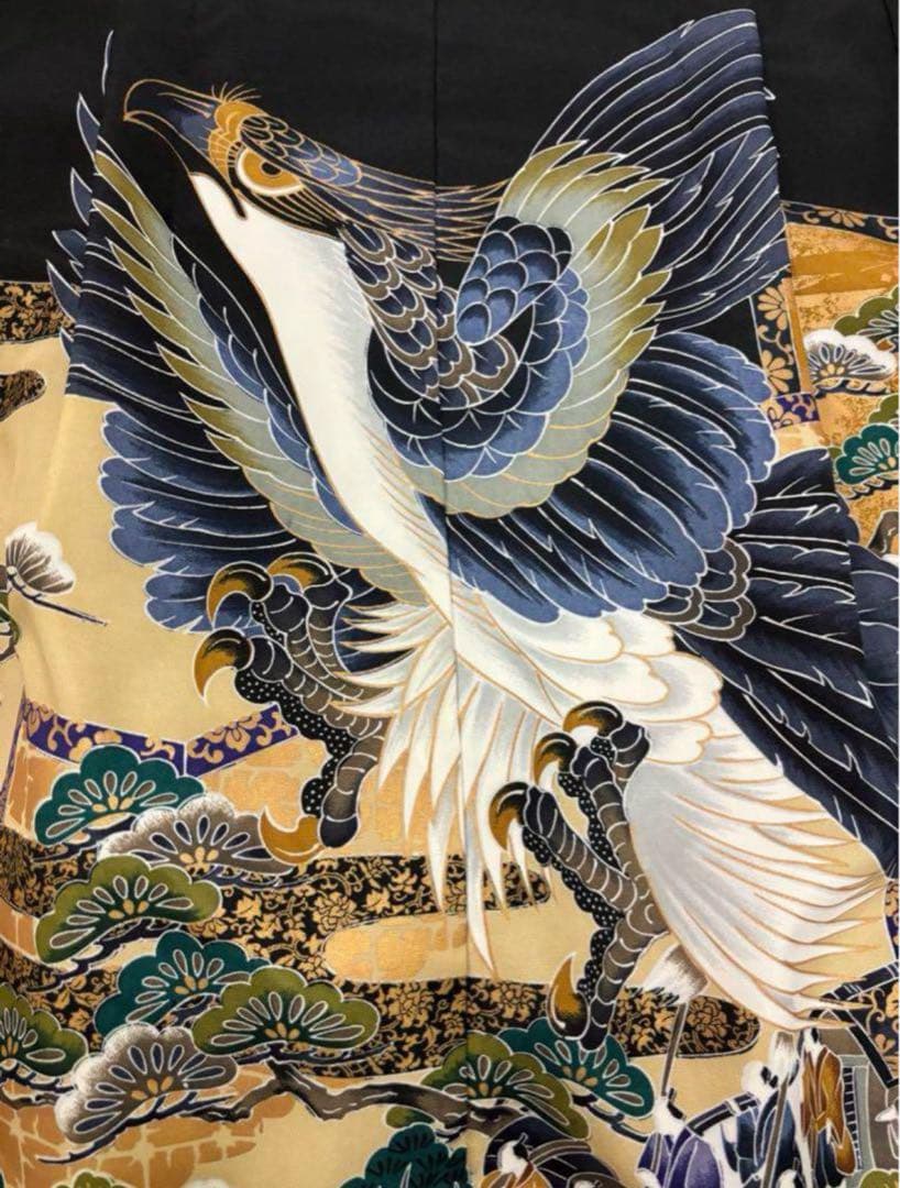 七五三　5歳男の子袴セット　黒系　袴丈長め　鷹　お城　日本製　新品