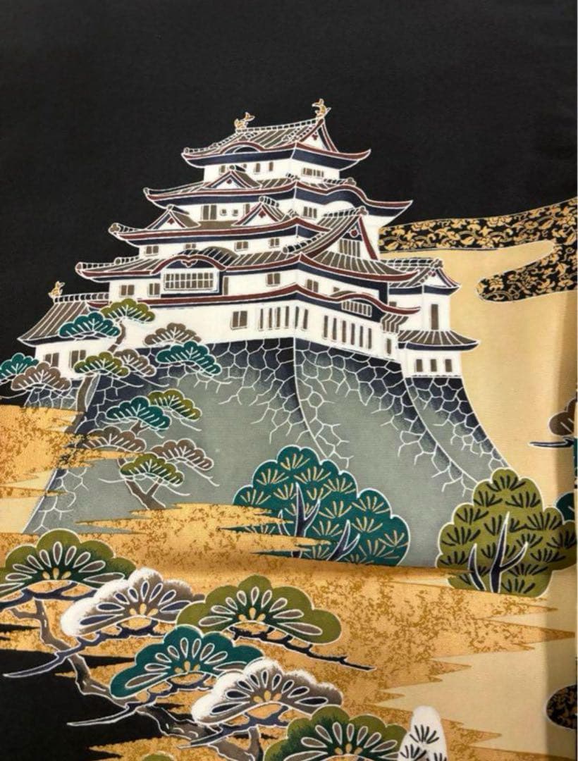 七五三　5歳男の子袴セット　黒系　袴丈長め　鷹　お城　日本製　新品