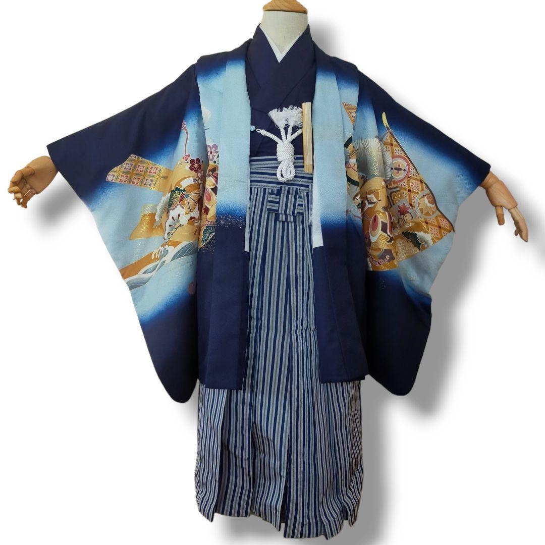 七五三 男の子 5歳 着物 セット 一式 紺 水色 ブルー 兜 几帳 0506